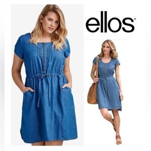 Ellos Denim-like Dress Cap Sleeve Sinched Waist Round Neck Deep Pockets Sz 18-20